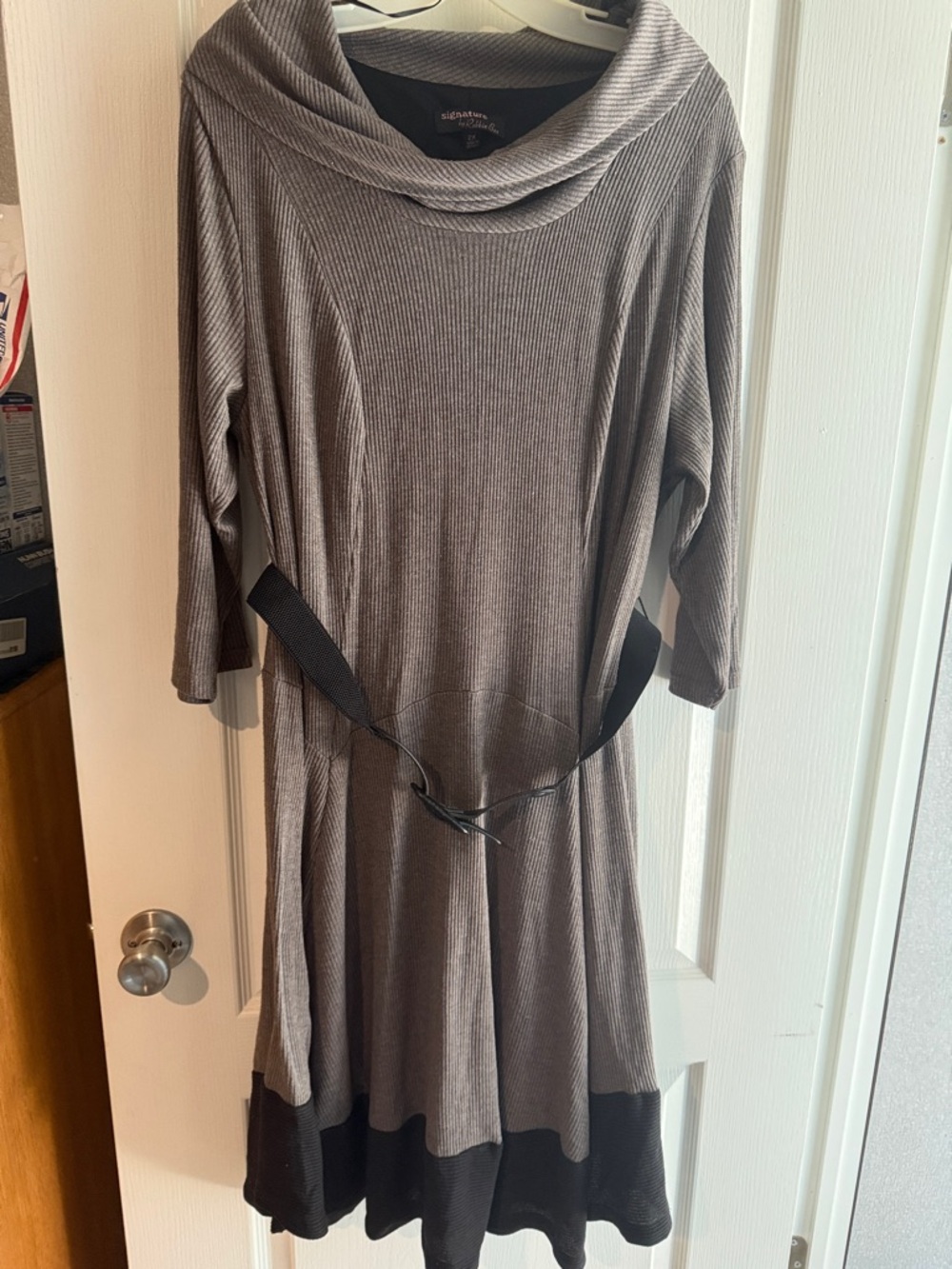 Signature by Robbie Bee Taupe Ribbed Cowl-Neck High-Low Dress with Black Hem